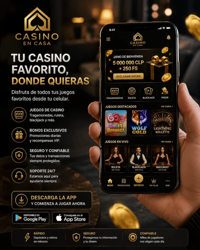 Aplicación móvil de CasinoEnCasa con tragamonedas, juegos en vivo, bonos exclusivos y acceso desde el celular.