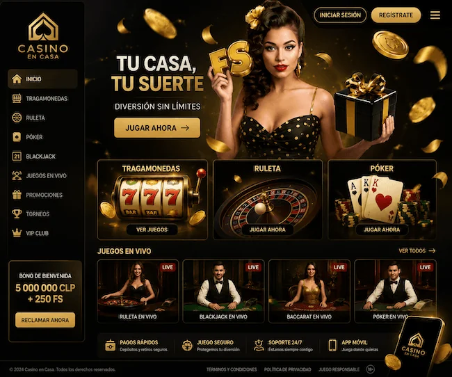 Página principal de CasinoEnCasa con tragamonedas, ruleta, póker, blackjack, juegos en vivo y bono de bienvenida.