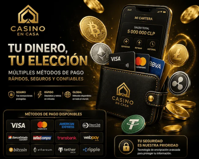 Métodos de pago de CasinoEnCasa con tarjetas, transferencias bancarias y criptomonedas para depósitos y retiros.