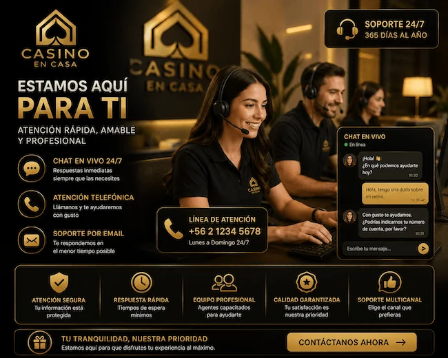 Servicio de soporte de CasinoEnCasa con chat en vivo, atención telefónica y asistencia por email disponible 24/7.